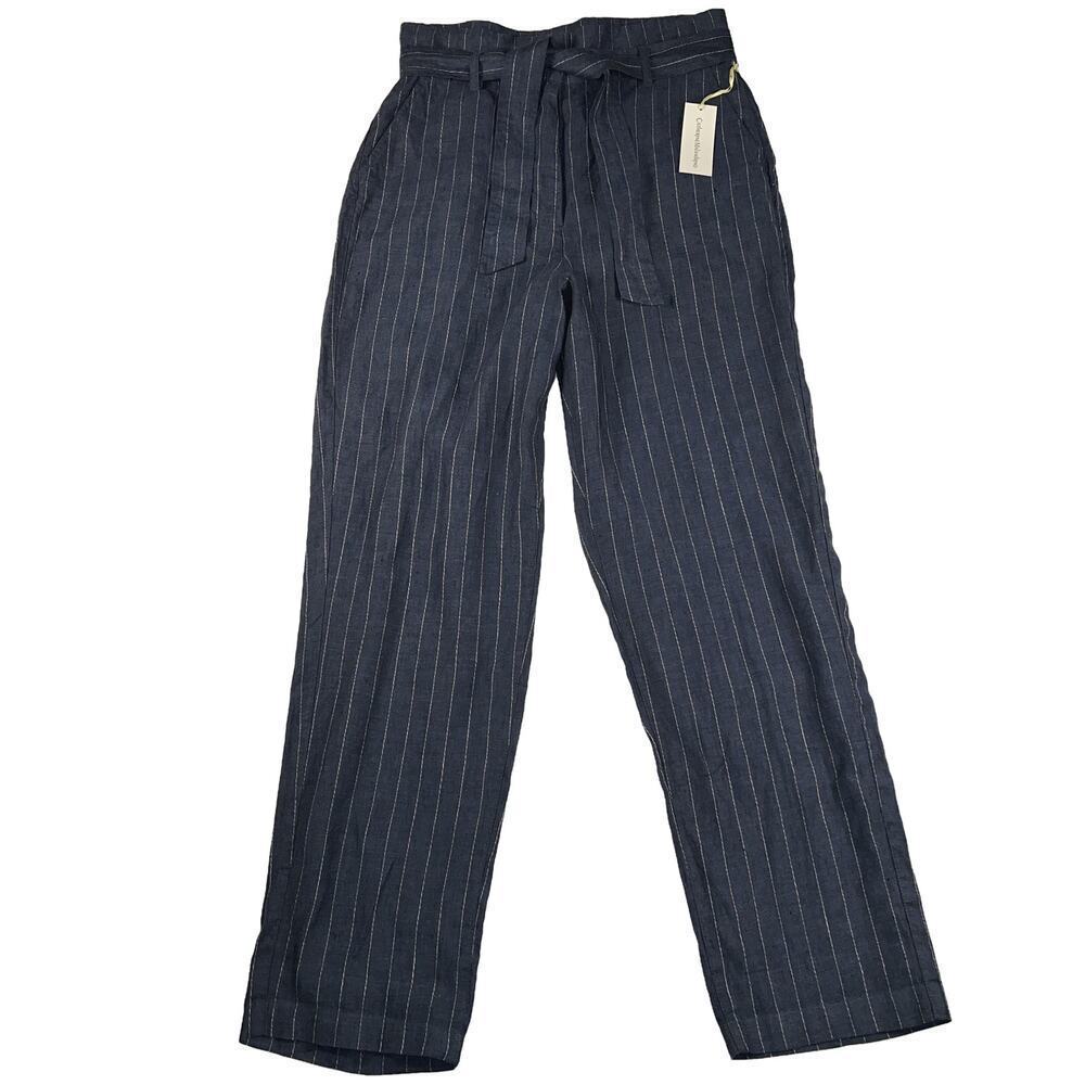Catherine Malandrino 100% Linen Pinstripe High Rise Wide Leg Pants Blue Size 12
